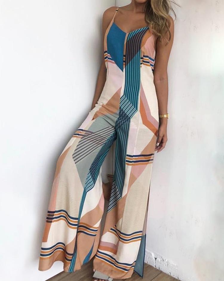 

Spaghetti Strap Geo Print Backless Jumpsuit, Multicolor