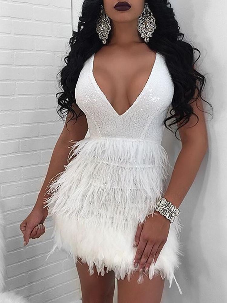

Deep V Feather Detail Bodycon Mini Dress