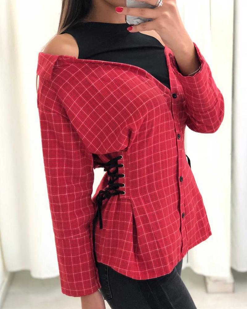 

Fake Two Piece Grid Lace-Up Detail Shirt, Red