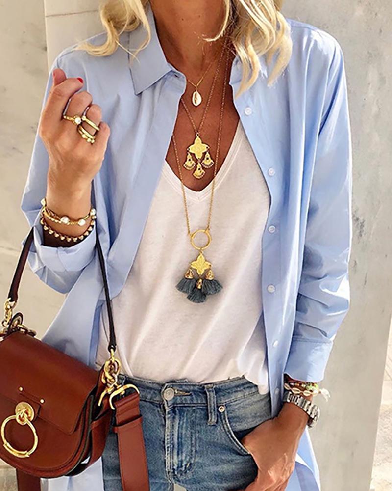 

Solid Long Sleeve Slit Buttoned Shirt, Blue