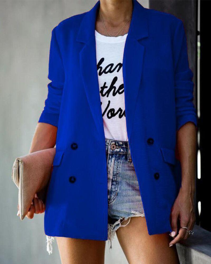 

Notched Collar Double-breasted Blazer, Blue