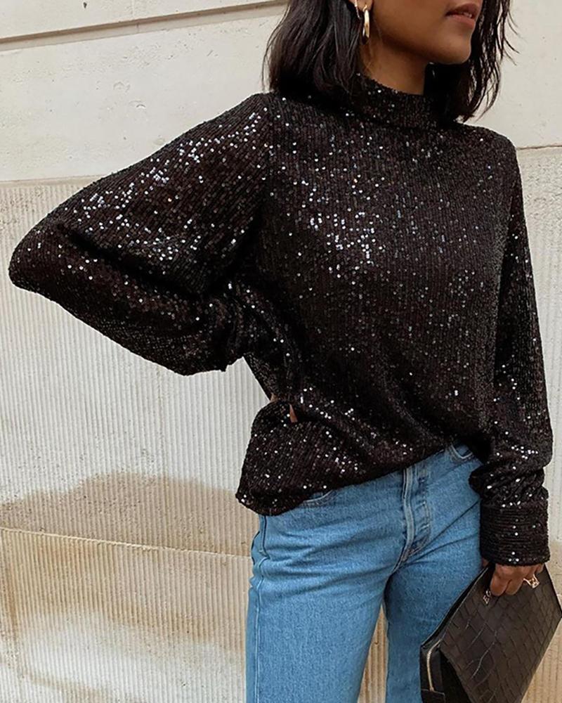 

Glitter Long Sleeve Sequins Blouse, Black