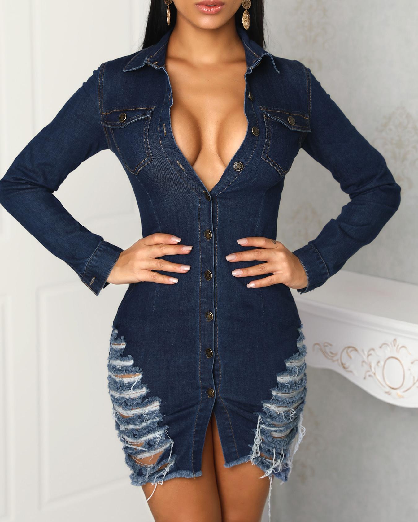 

Denim Button Though Ripped Bodycon Dress, Dark blue