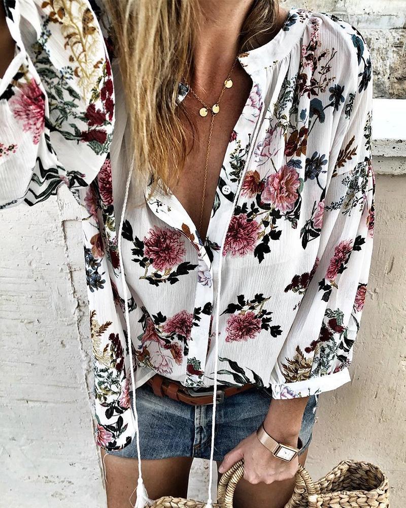 

Floral Print Buttoned Casual Blouse, White