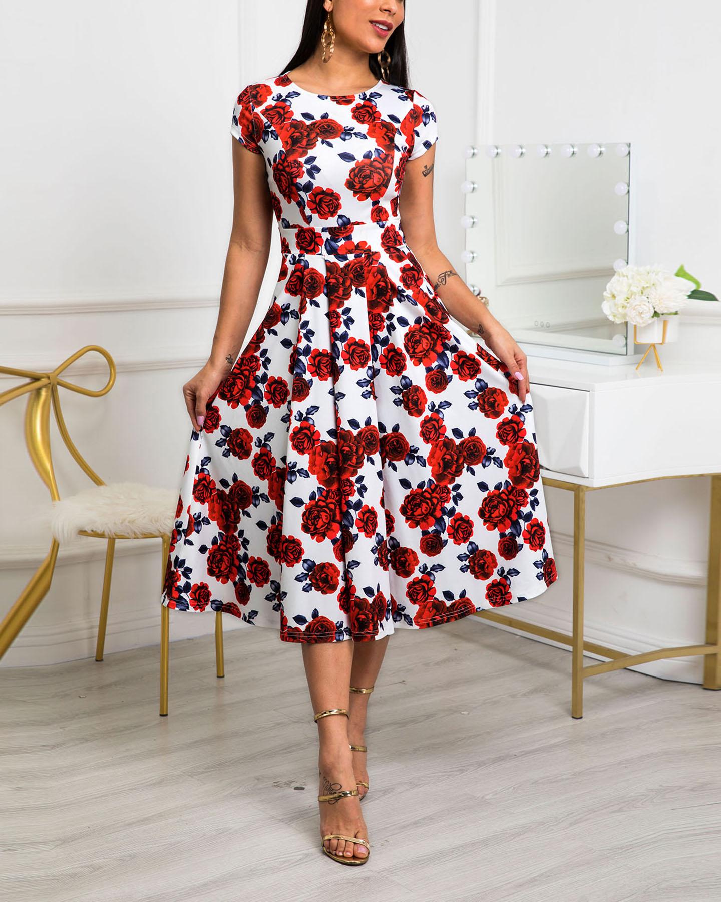 

Floral Print Short Sleeve Pleated Dress, Red