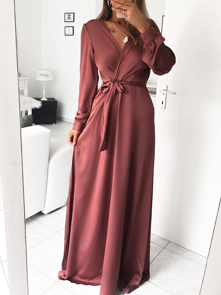 

Solid Self Belt Maxi Wrap Dress