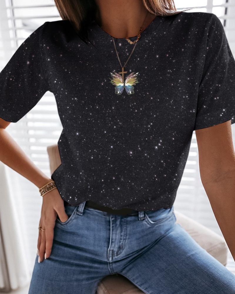 

Short-Sleeved Print Butterfly T-shirt, Black