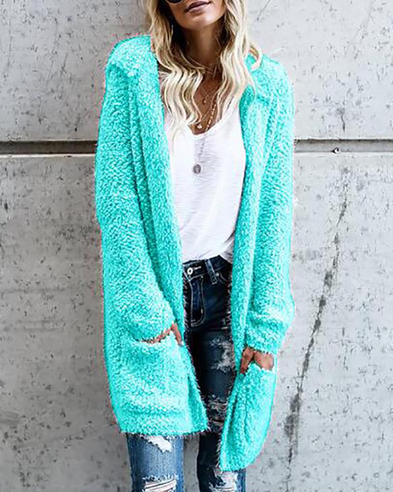 

Hooded Solid Fluffy Open Front Cardigan, Blue