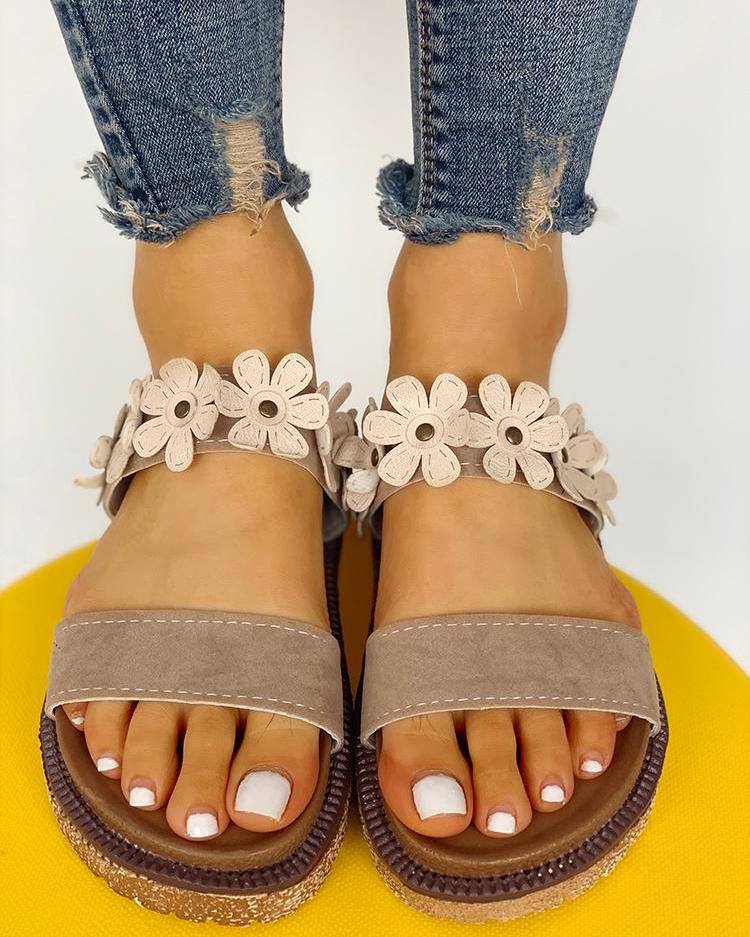 

Floral Embellished Open Toe Flat Sandals, Beige