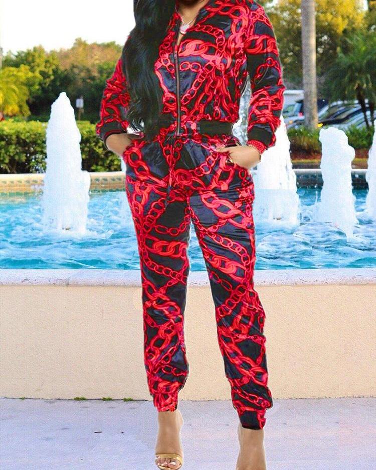 

Chain Print Long Sleeve Coat & Pant Sets, Red