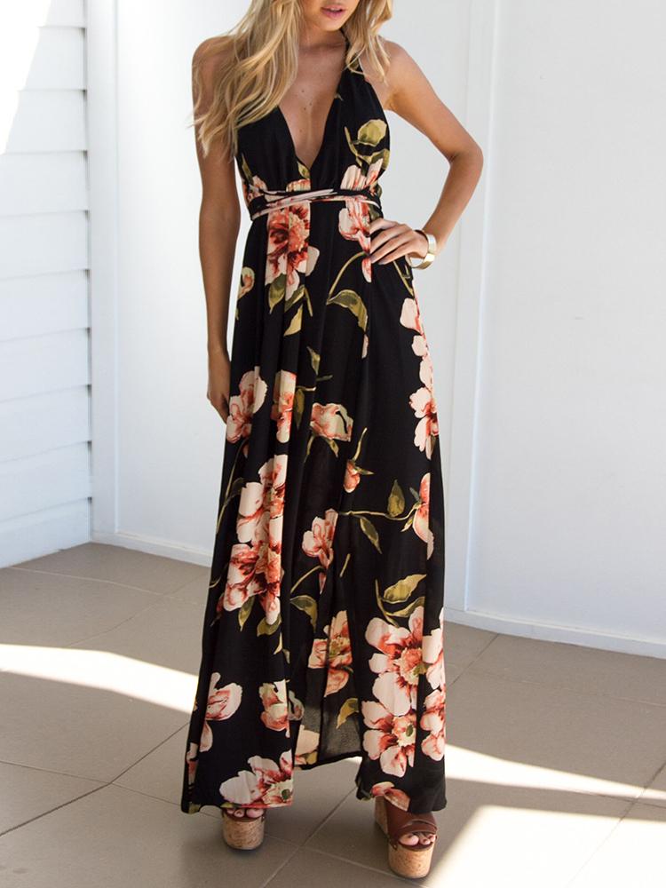 

Sexy Side Slit Crisscross Print Maxi Dress