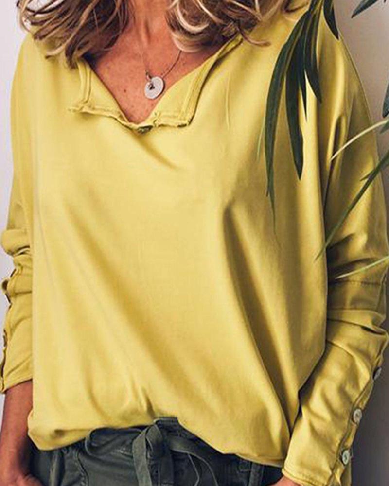 

Loose Button Cuff Long Sleeve Tops, Yellow