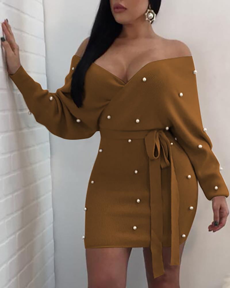 

V Neck Beaded Design Lantern Sleeve Bodycon Dress, Brown