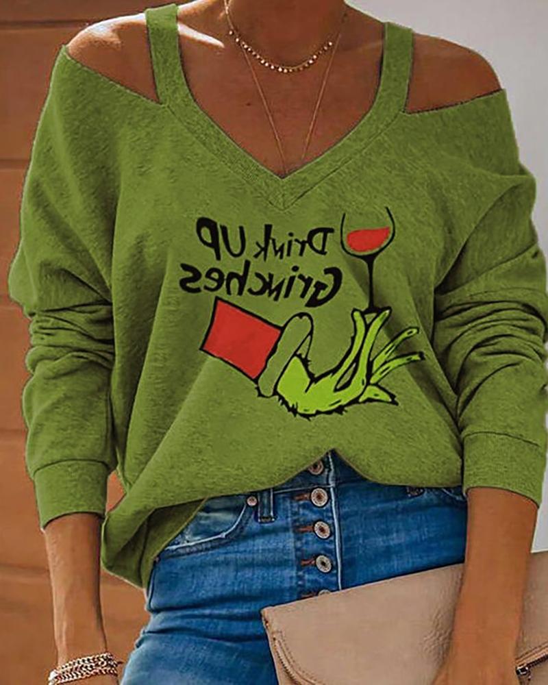

Christmas Cartoon Letter Print Cold Shoulder Top, Green