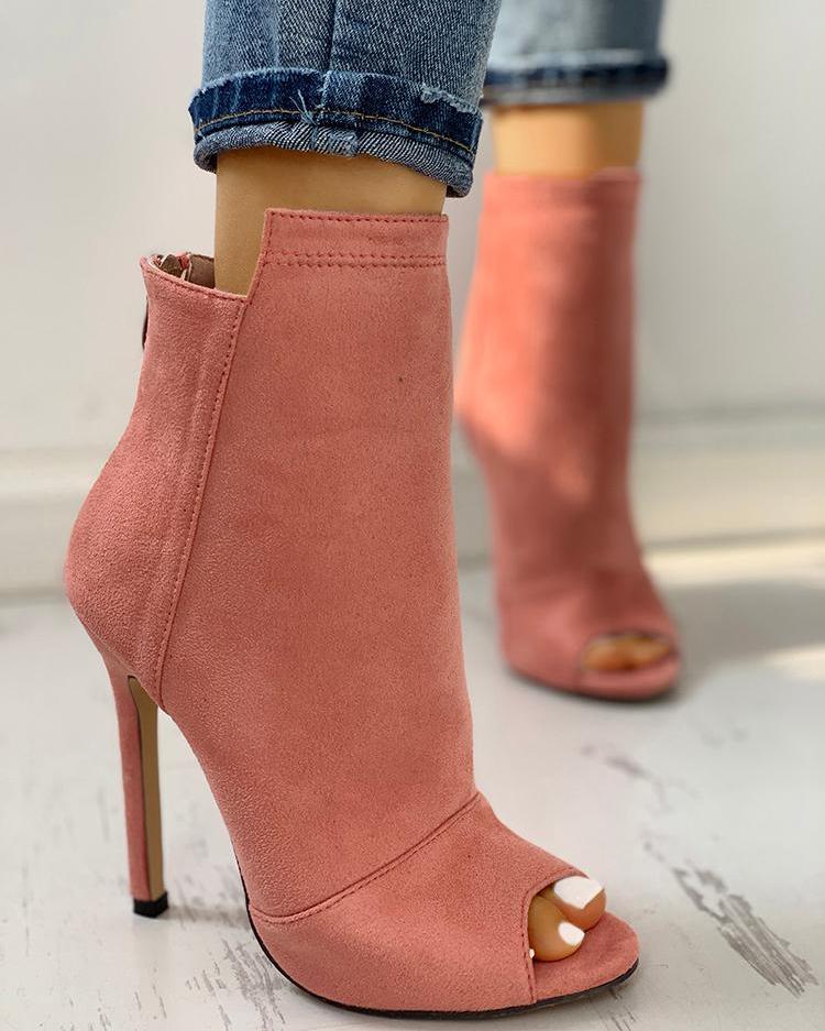 

Suede Peep Toe Zipper Back Thin Heeled Boots, Pink