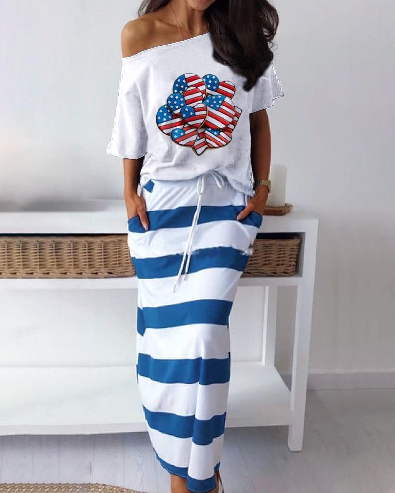 

Flag Print Off Shoulder Casual T-Shirt & Skirt Set, Blue