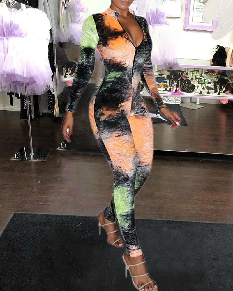 

Mock Neck Tie Dye Zipper Design Jumpsuit, Green