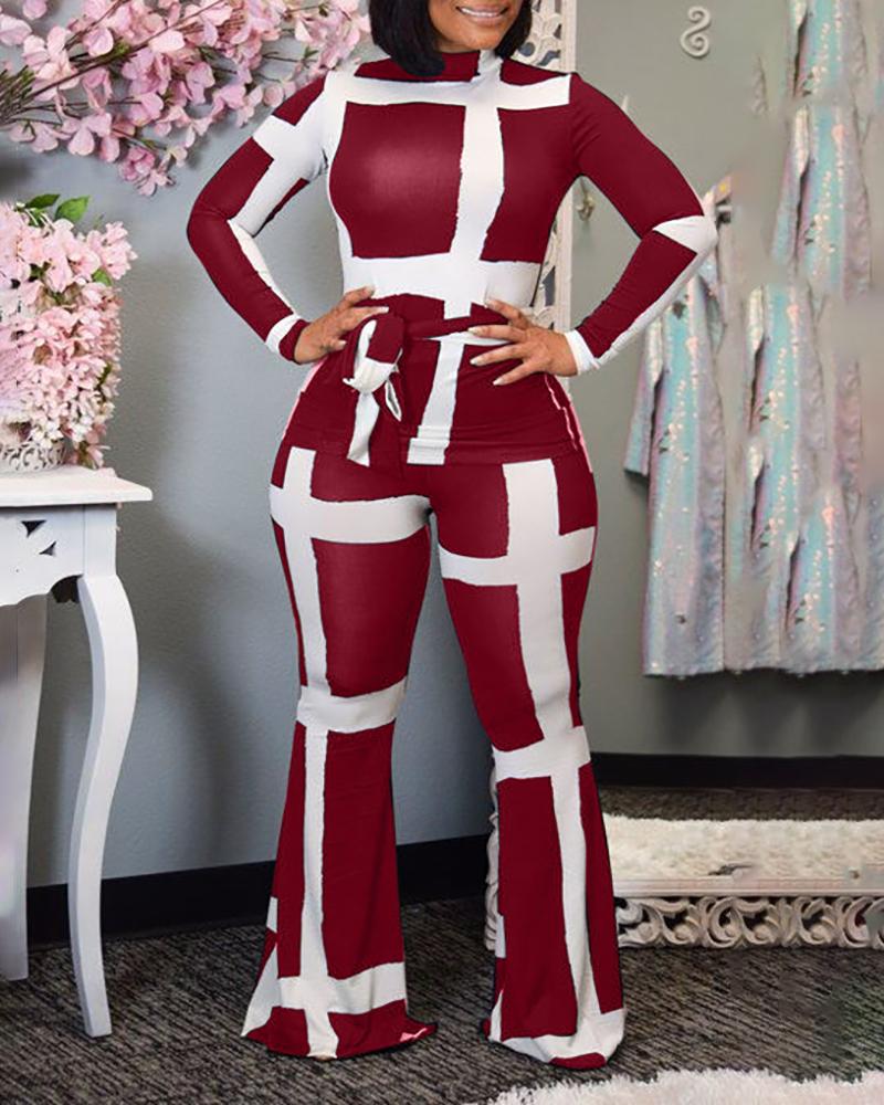 

Colorblock Mock Neck Long Sleeve Top & Pant Sets, Red