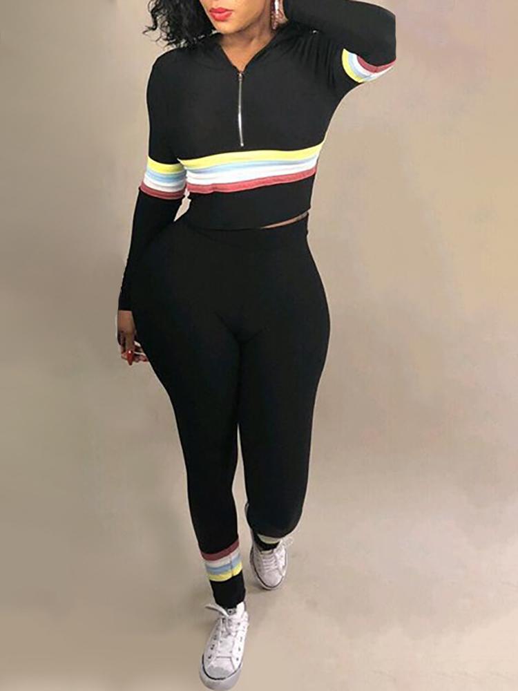 

Contrast Rainbow Stripes Zipper Design Skinny Tracksuits, Black