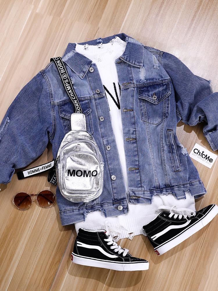 

Button Through Pocket Distressed Denim Jacket, Blue