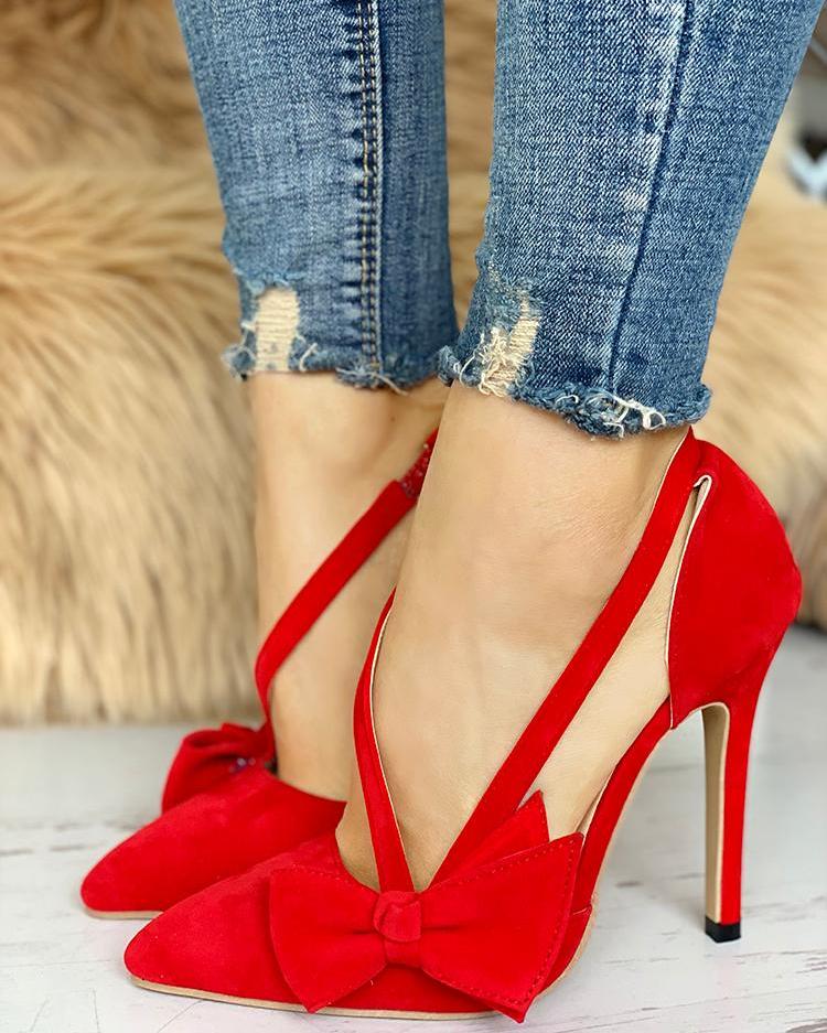 

Bow Embellished Cut Out Pointed Toe Heels, Red