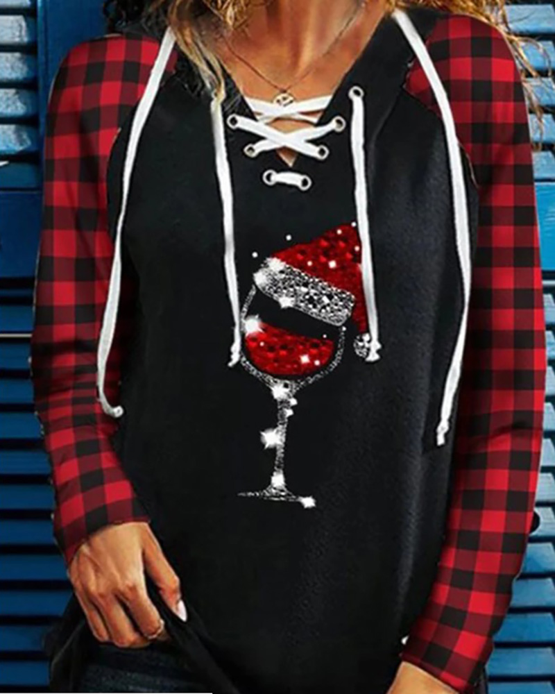 

Christmas Plaid Eyelet Lace-up Hooded Top, Red
