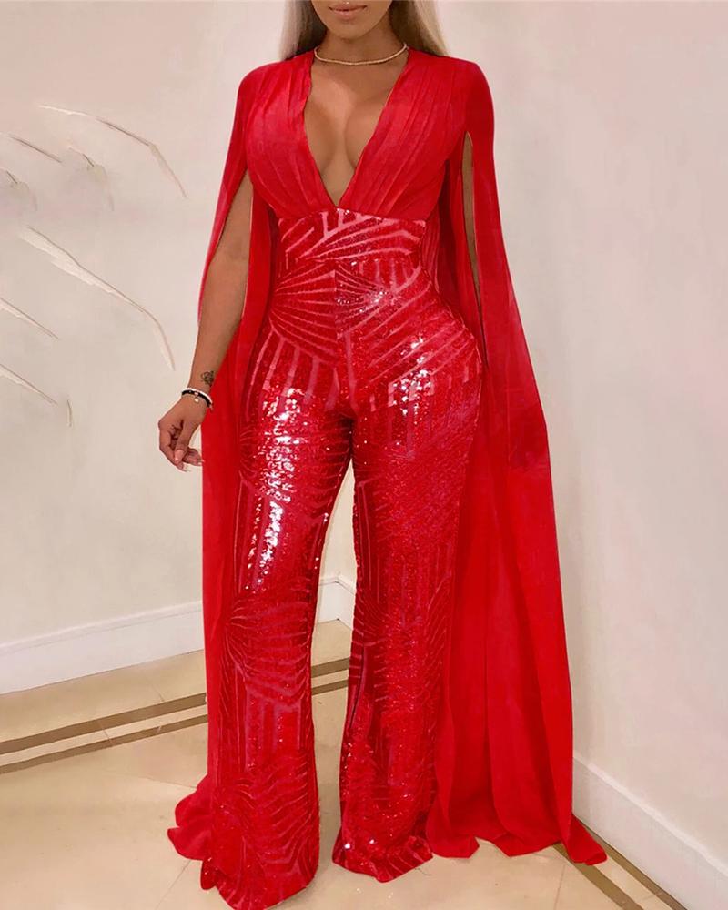 

Shiny Sequins Cloak sleeve Jumpsuits, Red