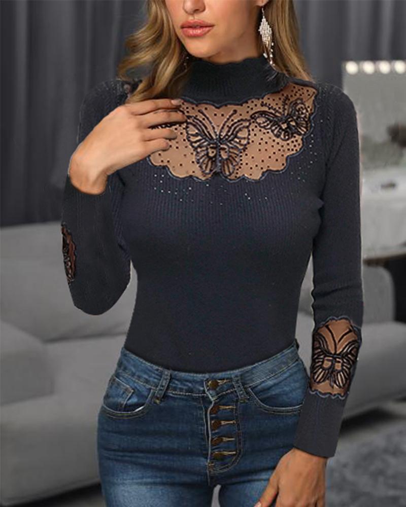 

Butterfly Embroidery Mesh Studded Top, Black