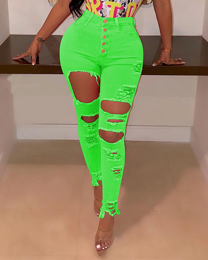 

Slim Ripped Hole High Waist Pencil Pants, Green