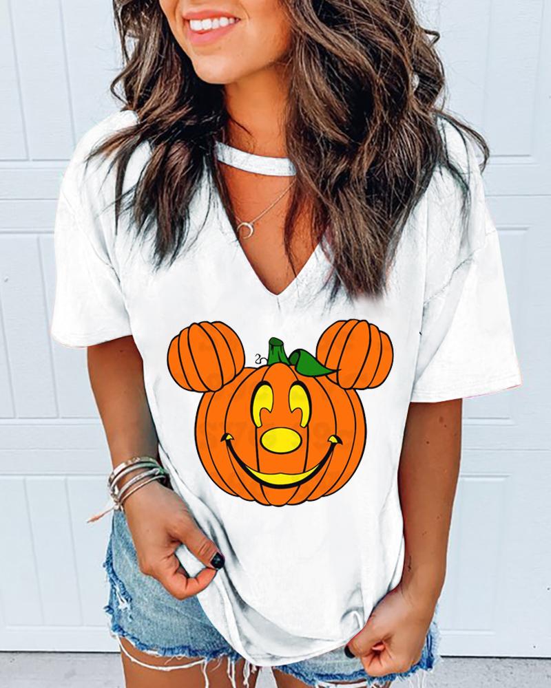 

Hallowen Pumpkin Micky Print Cutout Front T-shirt, White