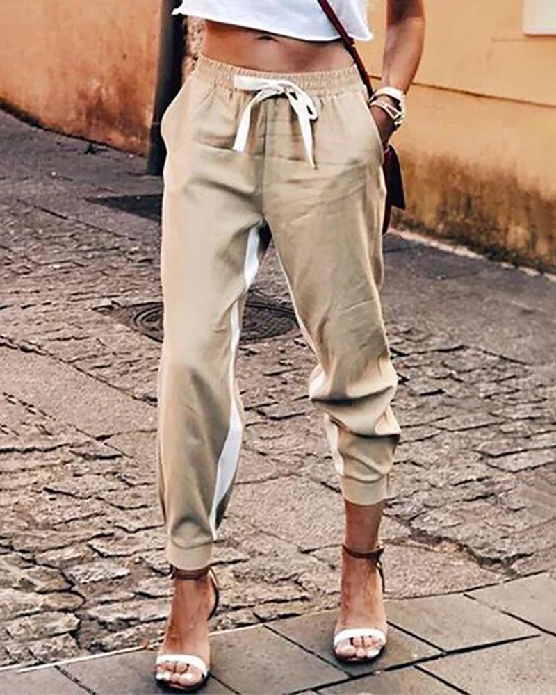 

Colorblock Tape Insert Drawstring Casual Pants, Khaki