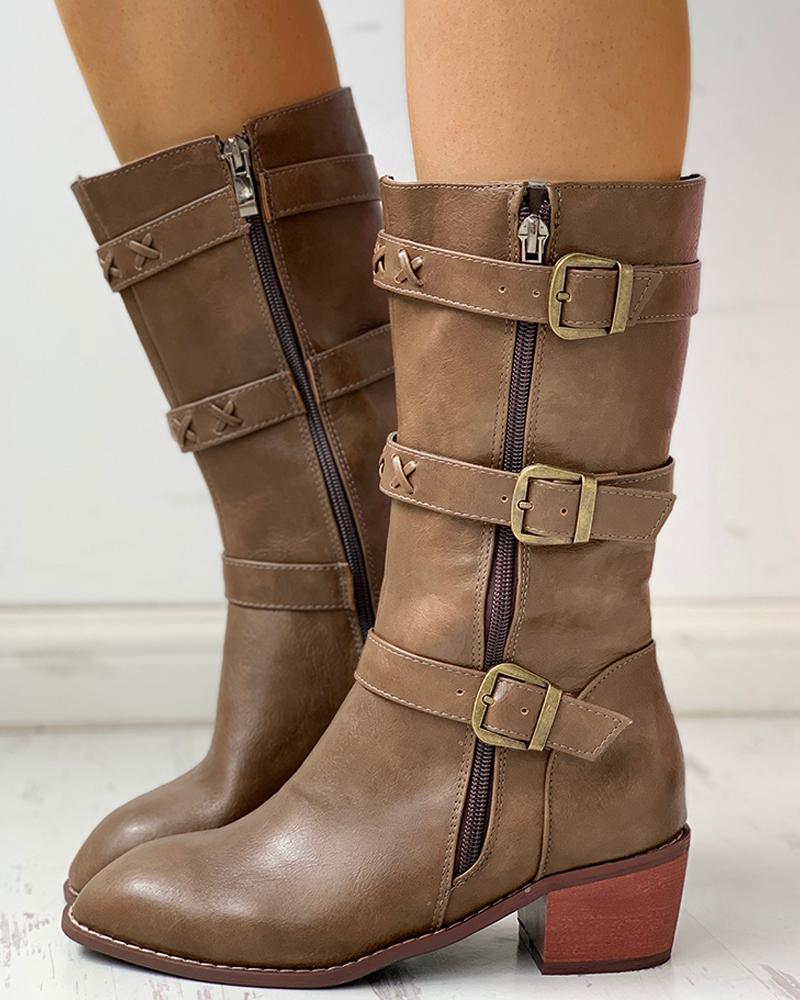 

Solid PU Buckled Zipped Chunky Heeled Boots, Coffee