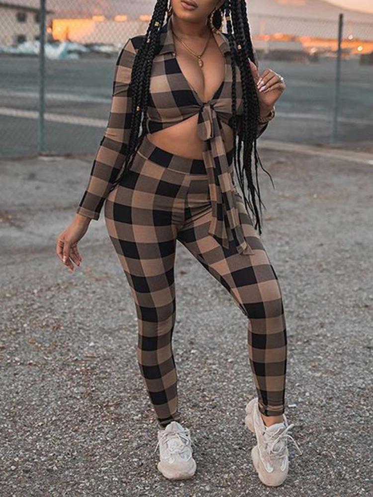 

Plaid Print Knot Crop Top&Skinny Pants Sets