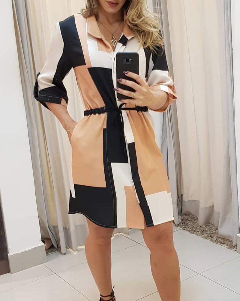 

Color Block Tie Waist Mini Dress, Multicolor