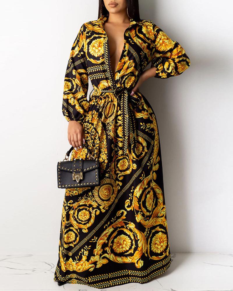

Print Long Sleeve Shirt Maxi Dress, Gold