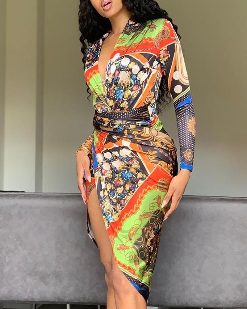

Mixed Print Surplice Wrap Slit Dress