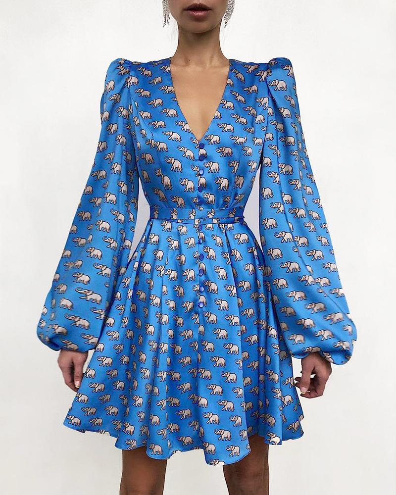 

All Over Print Button Design Lantern Sleeve Dress, Blue