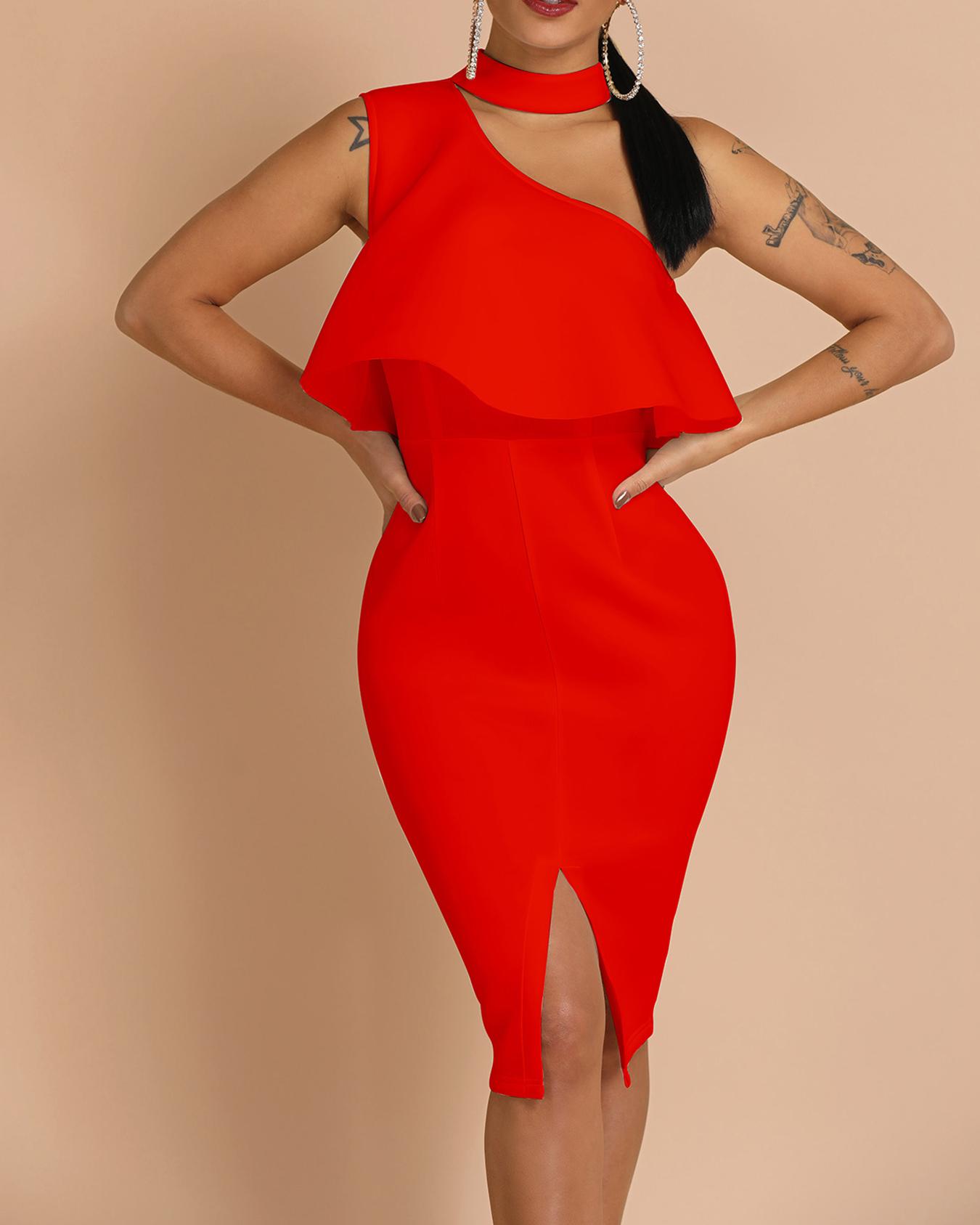

Choker Ruffles Slit Front Party Dress, Red