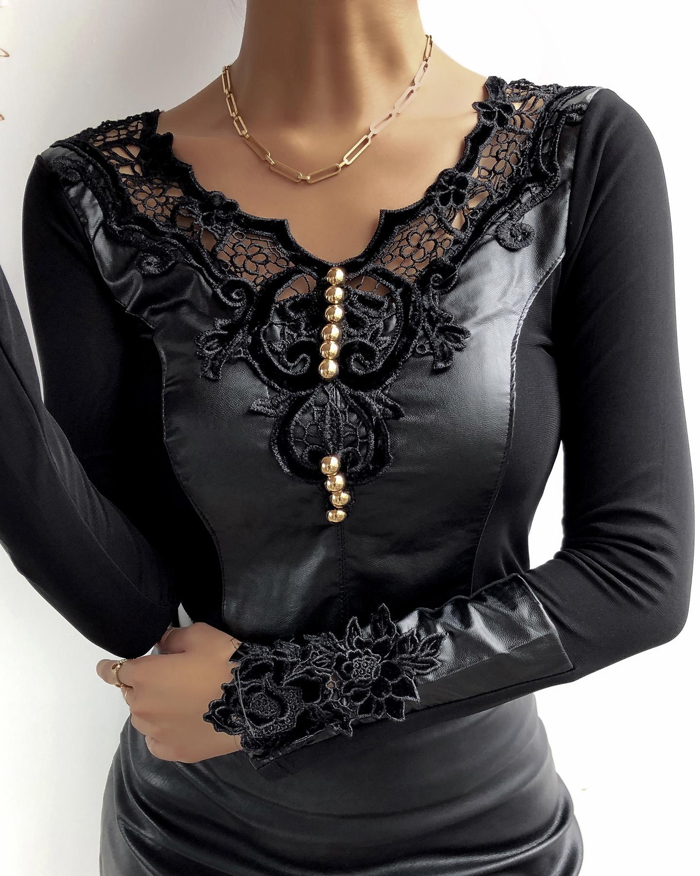 

Guipure Lace Buttoned PU Leather Top, Black