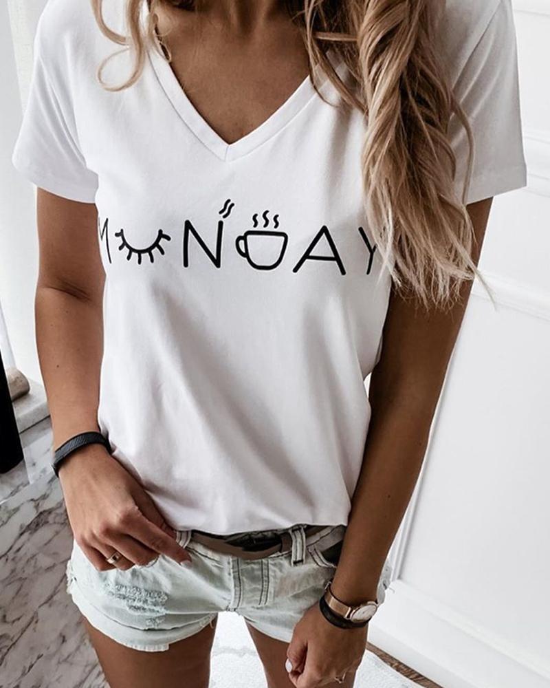 

V-neck Letter Print Casual T-shirt, White