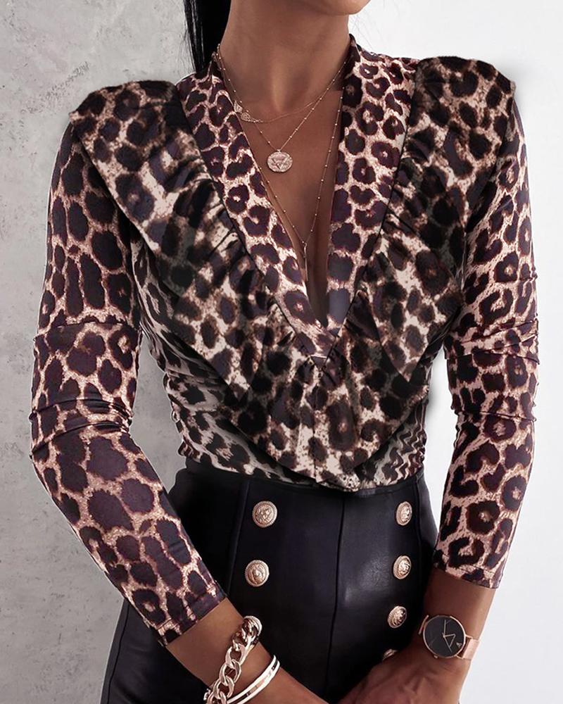 

Cheetah Print Long Sleeve Plunge Top, Leopard