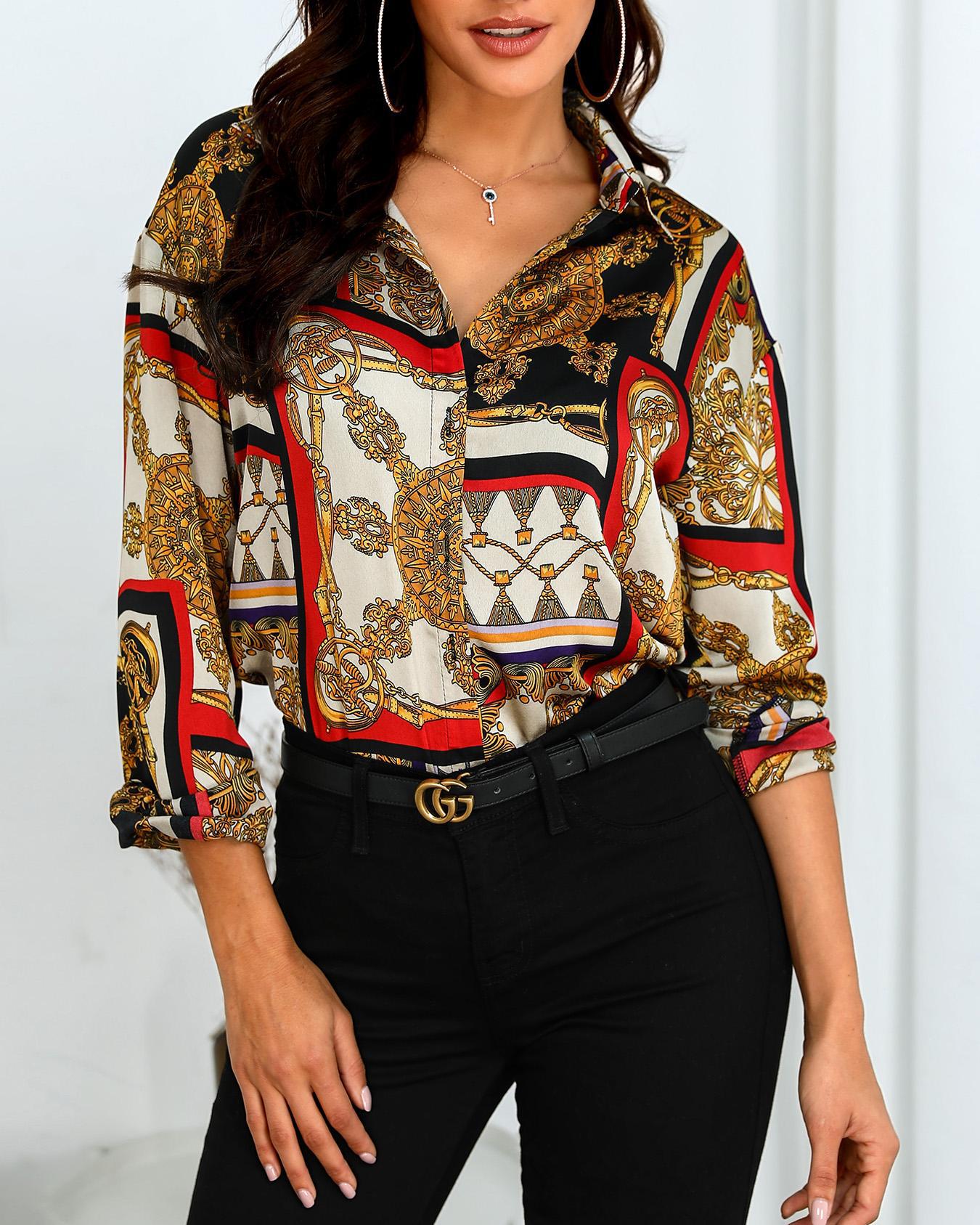 

Scarf Print Long Sleeve Casual Shirt, Multicolor