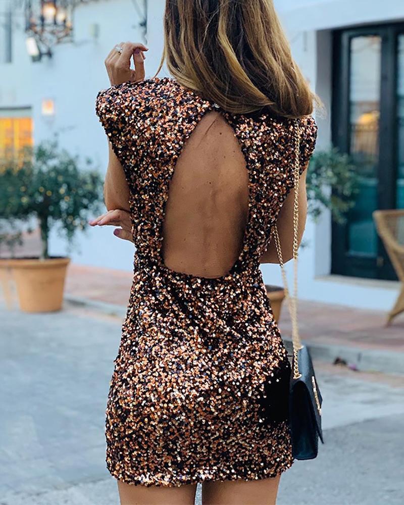 

Glitter Backless Sleeveless Sequins Dress, Brown