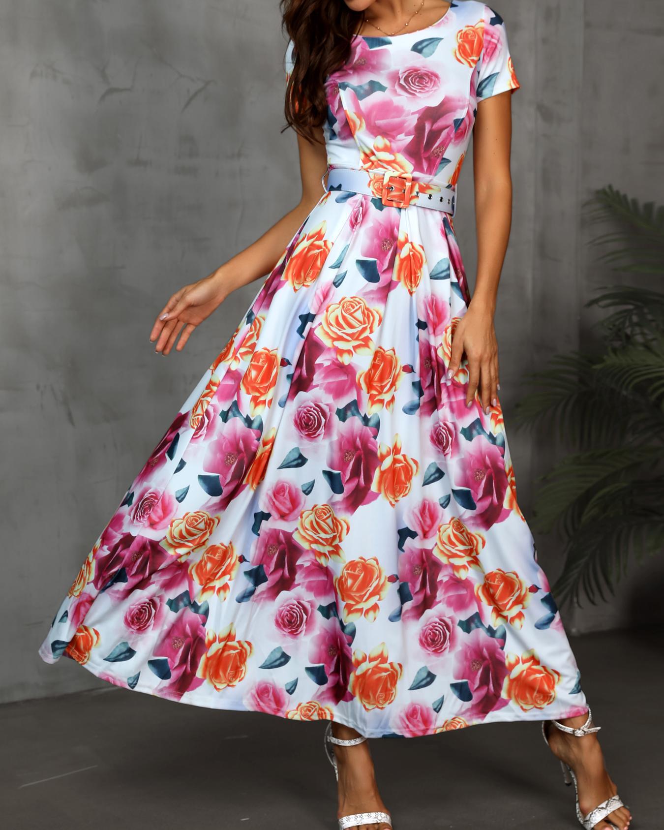 

Floral Print Self Belted Maxi Dress, Hot pink