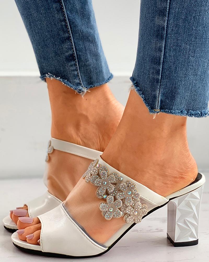 

Floral Pattern Beaded Gingham Print Mesh Chunky Heels, White