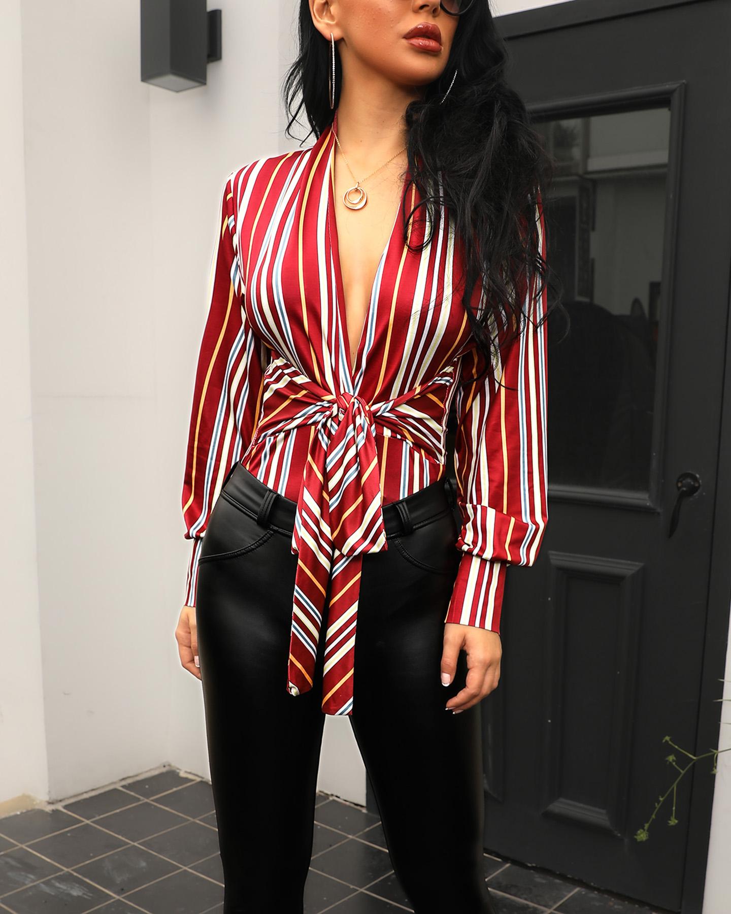 

Multicolor Stripes Knot Front Bodysuit
