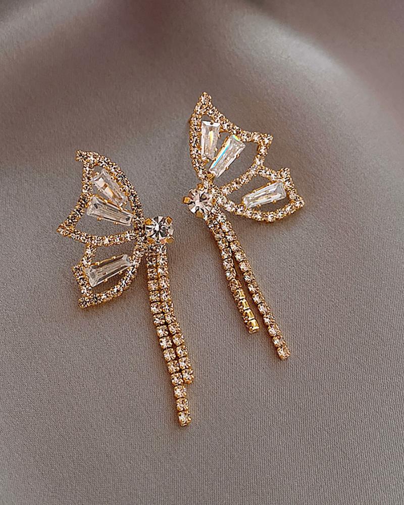 

Butterfly Pattern Studded Tassel Earrings, Gold