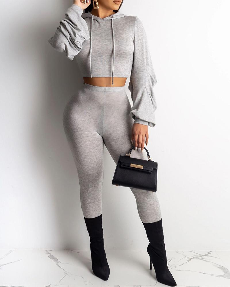 

Hooded Drawstring Long Sleeve Crop Sweatshirt & Pants Sets, Gray