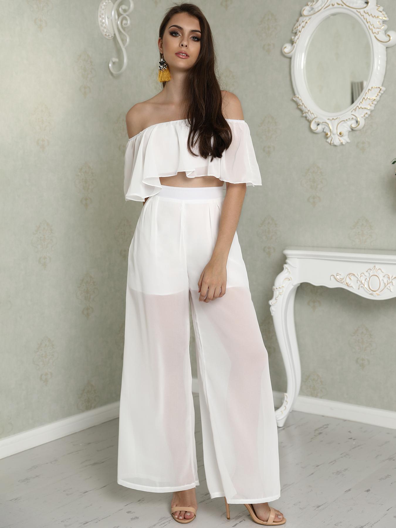

Solid Ruffled Crop Top & Wide Leg Pants Set
