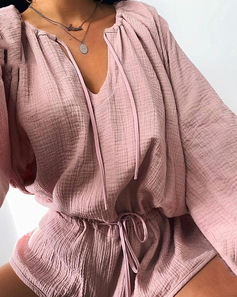 

Plunge Lantern Sleeve Drawstring Casual Romper, Pink